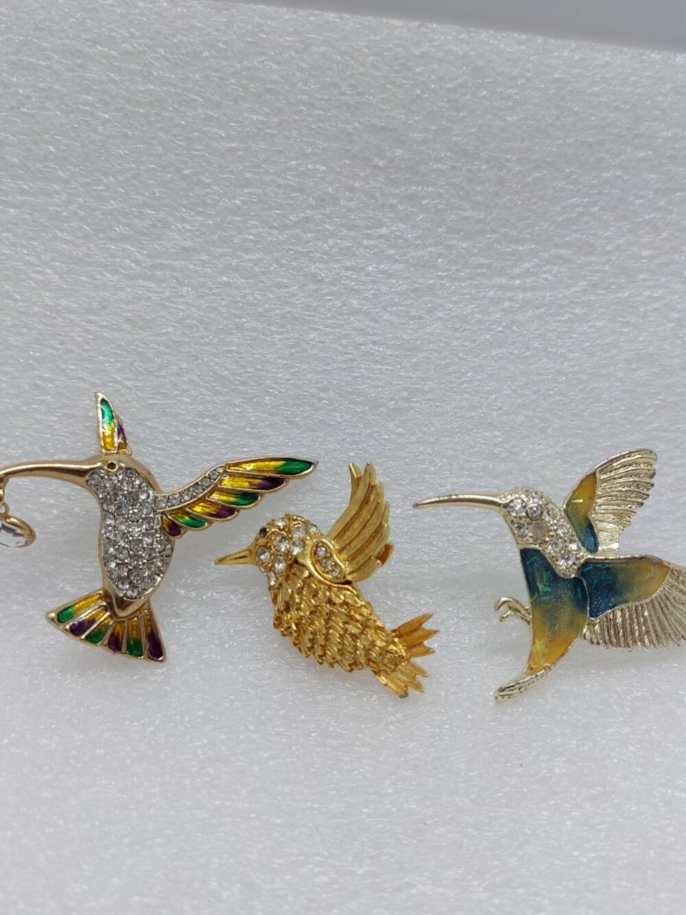 3 Vintage Hummingbird Pin / Brooch Gold Tone Enamel Clear Crystals